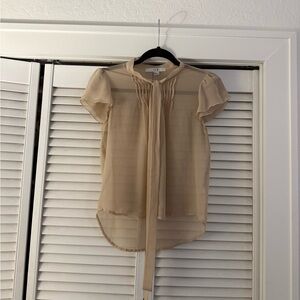 Elegant Beige Tie Front Sheer Blouse Small